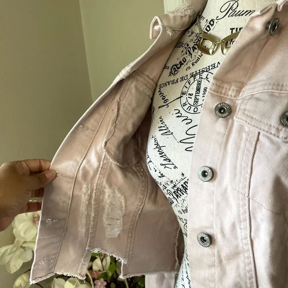 Cropped Denim Jacket Womens M Jessica Simpson Fitted Button Down Distressed